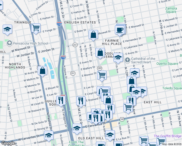map of restaurants, bars, coffee shops, grocery stores, and more near 1601 North 8th Avenue in Pensacola