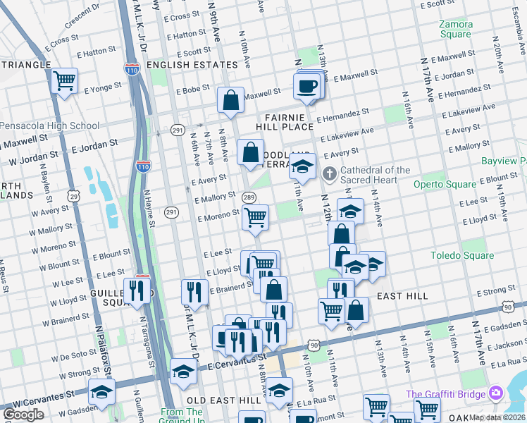 map of restaurants, bars, coffee shops, grocery stores, and more near 919 East Moreno Street in Pensacola