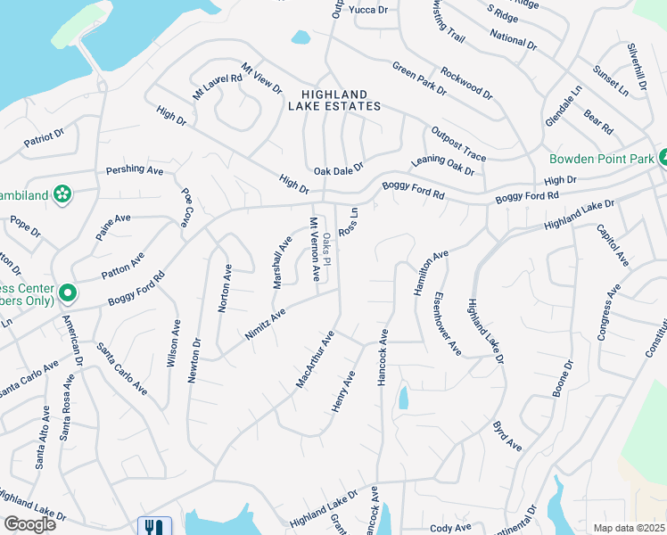 map of restaurants, bars, coffee shops, grocery stores, and more near 48 Oaks Pl in Lago Vista