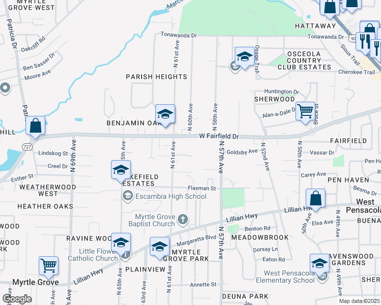 map of restaurants, bars, coffee shops, grocery stores, and more near 1440 North 61st Avenue in Pensacola