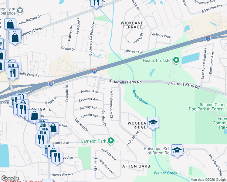 map of restaurants, bars, coffee shops, grocery stores, and more near 2313 West Highmeadow Court in Baton Rouge