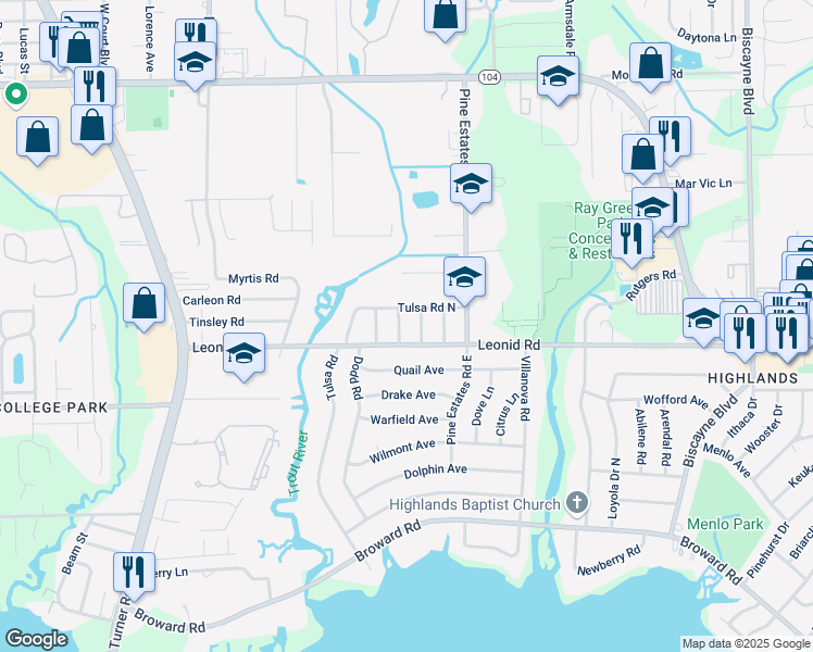 map of restaurants, bars, coffee shops, grocery stores, and more near 10725 Leora Drive in Jacksonville