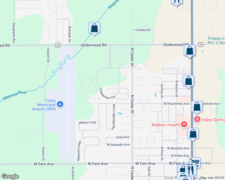 map of restaurants, bars, coffee shops, grocery stores, and more near 218 Hemingway Loop in Foley