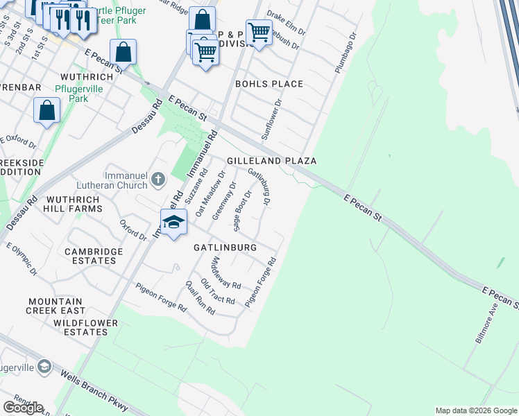 map of restaurants, bars, coffee shops, grocery stores, and more near 1603 Gatlinburg Drive in Pflugerville