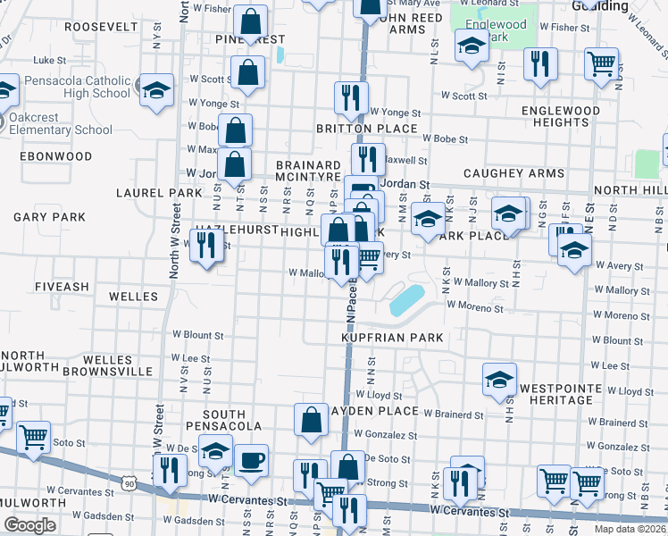 map of restaurants, bars, coffee shops, grocery stores, and more near 2100 West Mallory Street in Pensacola