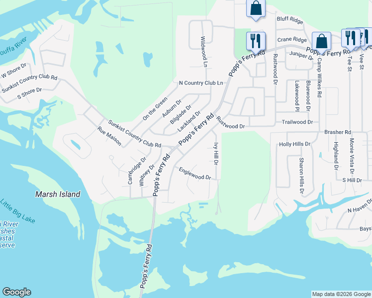 map of restaurants, bars, coffee shops, grocery stores, and more near 2224 Baywood Drive in Biloxi
