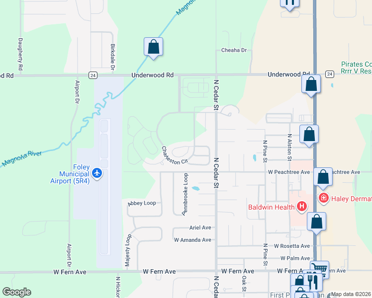 map of restaurants, bars, coffee shops, grocery stores, and more near 218 Hemingway Loop in Foley