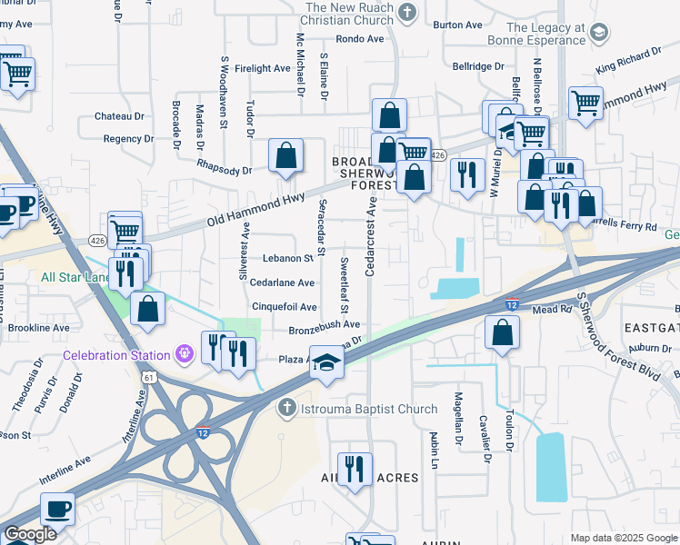 map of restaurants, bars, coffee shops, grocery stores, and more near 2284 Sweetleaf Street in Baton Rouge