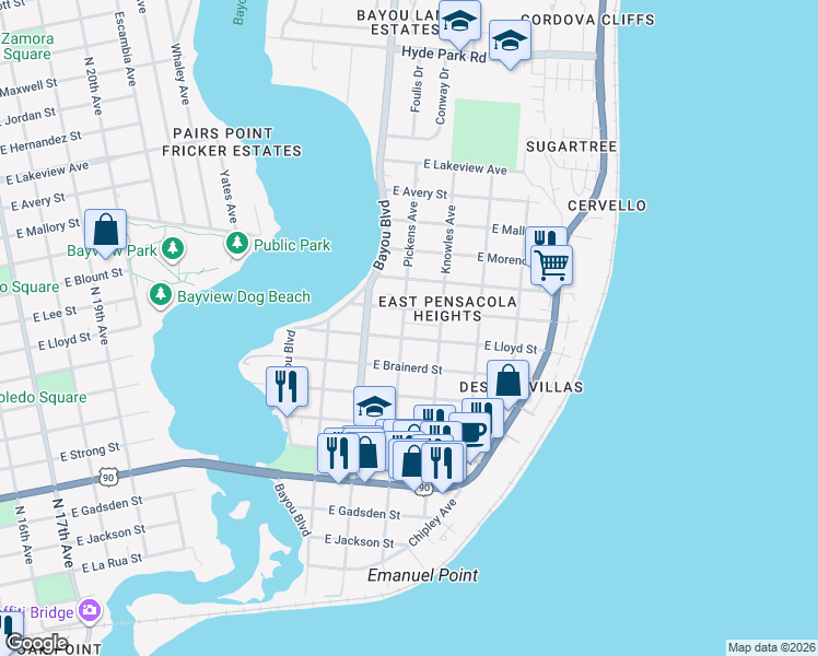 map of restaurants, bars, coffee shops, grocery stores, and more near 906 Pickens Avenue in Pensacola