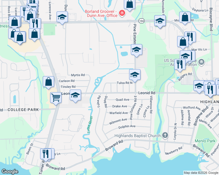 map of restaurants, bars, coffee shops, grocery stores, and more near 10737 Tulsa Road in Jacksonville