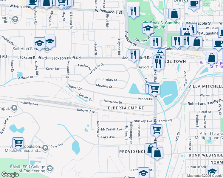 map of restaurants, bars, coffee shops, grocery stores, and more near 1637 Mayhew Street in Tallahassee
