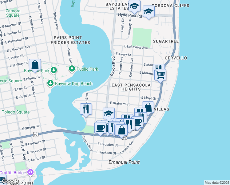 map of restaurants, bars, coffee shops, grocery stores, and more near 906 Pickens Avenue in Pensacola
