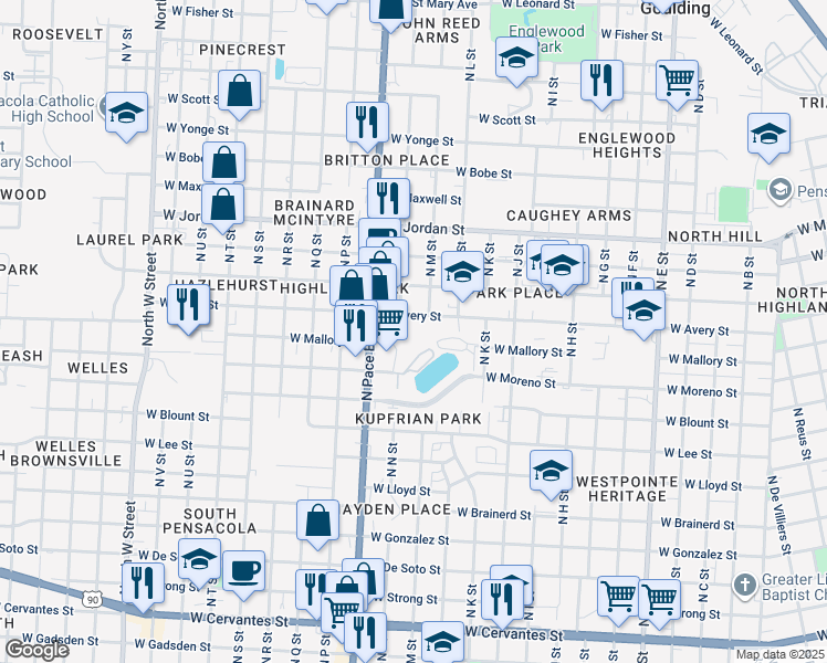 map of restaurants, bars, coffee shops, grocery stores, and more near 1600 West Avery Street in Pensacola