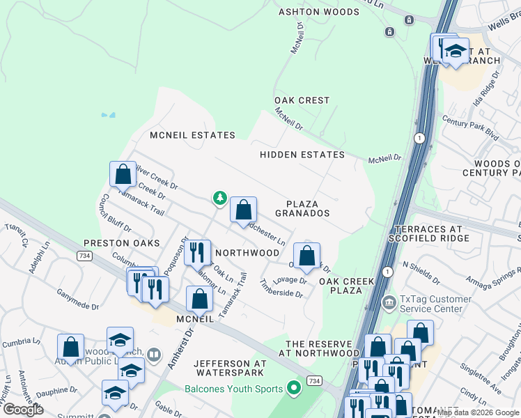 map of restaurants, bars, coffee shops, grocery stores, and more near 3900 Northfield Road in Austin