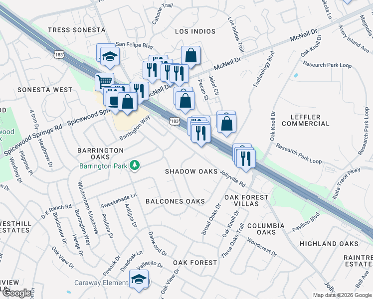 map of restaurants, bars, coffee shops, grocery stores, and more near 12182 Jollyville Road in Austin