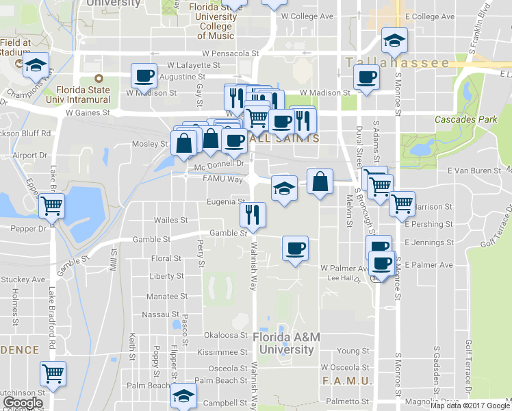 map of restaurants, bars, coffee shops, grocery stores, and more near 1409 Railroad Avenue in Tallahassee