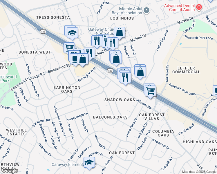 map of restaurants, bars, coffee shops, grocery stores, and more near 12001 Commonwealth Way in Austin