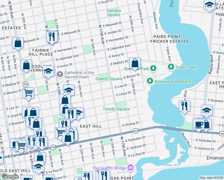 map of restaurants, bars, coffee shops, grocery stores, and more near 1325 North 17th Avenue in Pensacola