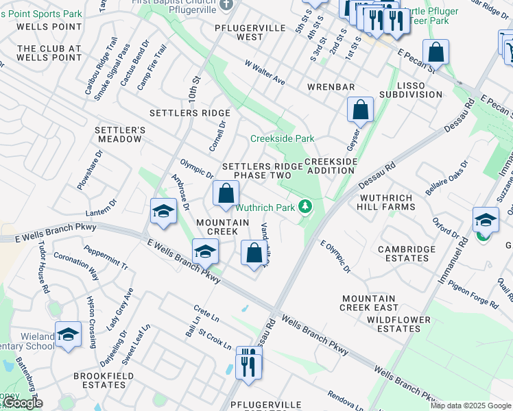 map of restaurants, bars, coffee shops, grocery stores, and more near 1001 Rutgers Drive in Pflugerville
