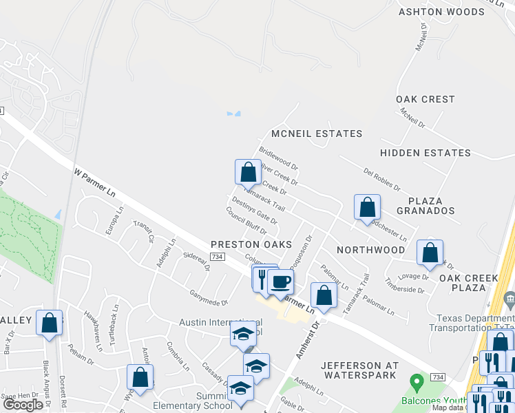 map of restaurants, bars, coffee shops, grocery stores, and more near 4504 Destinys Gate Drive in Austin