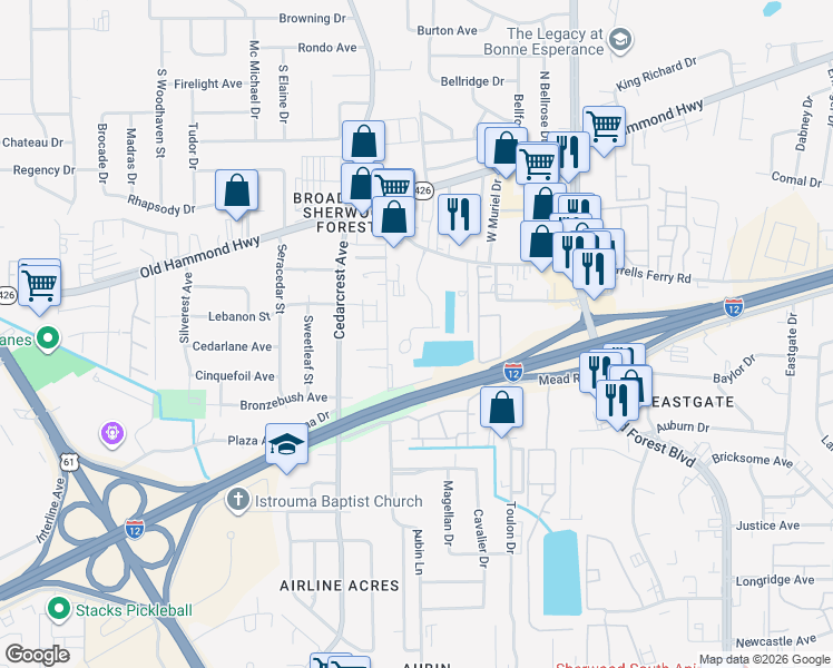 map of restaurants, bars, coffee shops, grocery stores, and more near 10808 Woodleaf Avenue in Baton Rouge