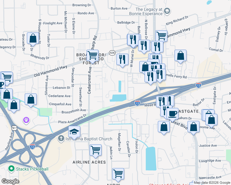 map of restaurants, bars, coffee shops, grocery stores, and more near 10808 Woodleaf Avenue in Baton Rouge