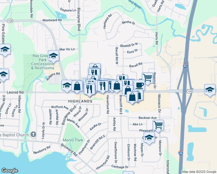 map of restaurants, bars, coffee shops, grocery stores, and more near 1275 Dunn Avenue in Jacksonville