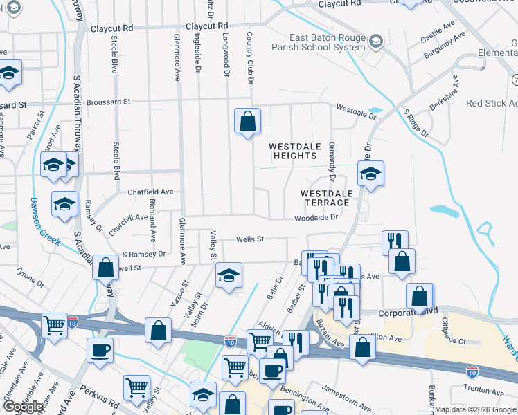map of restaurants, bars, coffee shops, grocery stores, and more near 1963 Country Club Drive in Baton Rouge