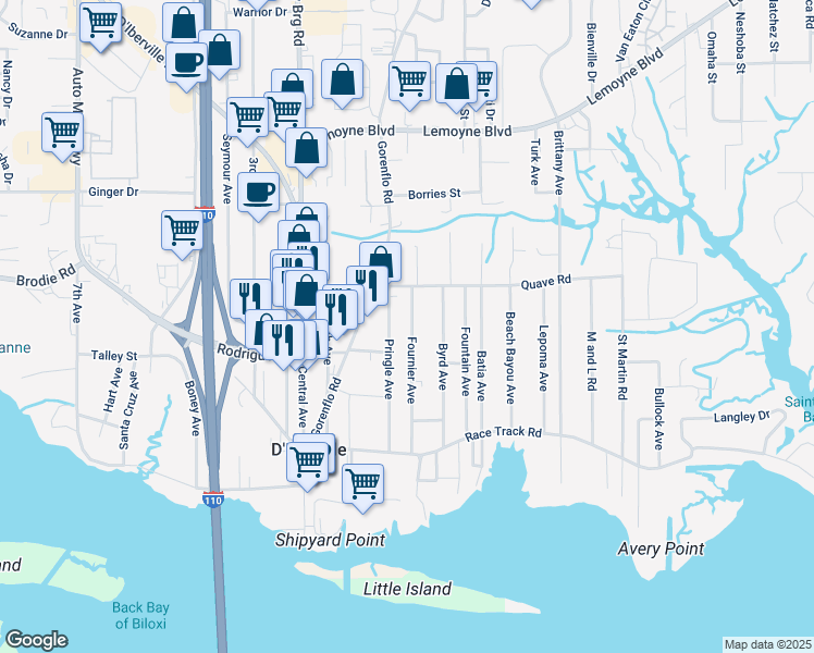 map of restaurants, bars, coffee shops, grocery stores, and more near 10079 Fournier Avenue in D'Iberville