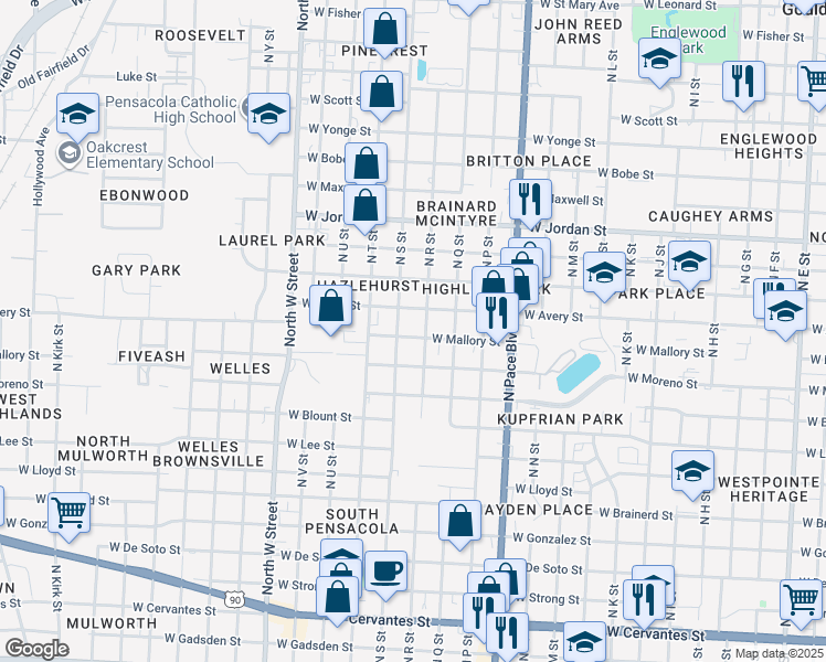 map of restaurants, bars, coffee shops, grocery stores, and more near 2428 West Mallory Street in Pensacola