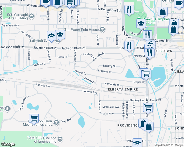 map of restaurants, bars, coffee shops, grocery stores, and more near 1718 Pepper Drive in Tallahassee