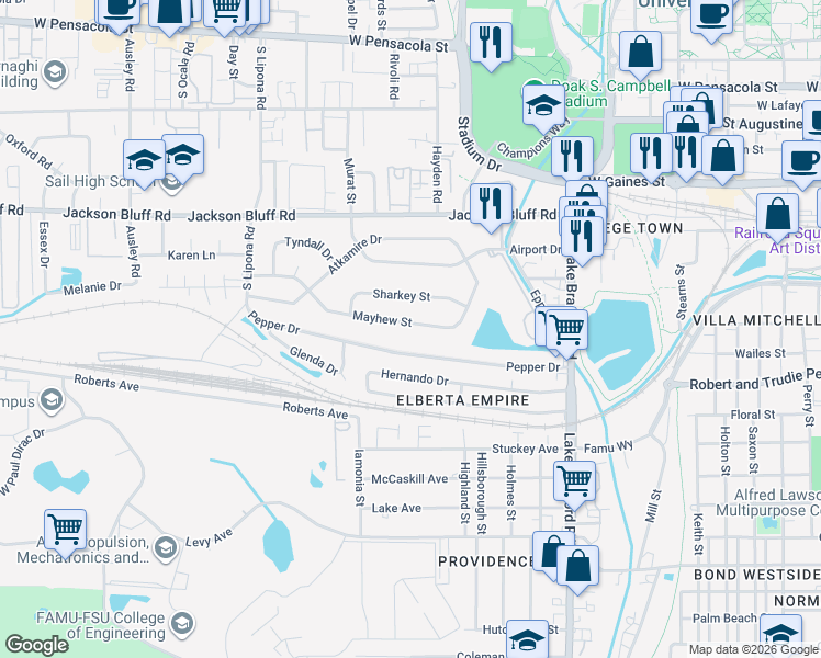 map of restaurants, bars, coffee shops, grocery stores, and more near 1637 Mayhew Street in Tallahassee