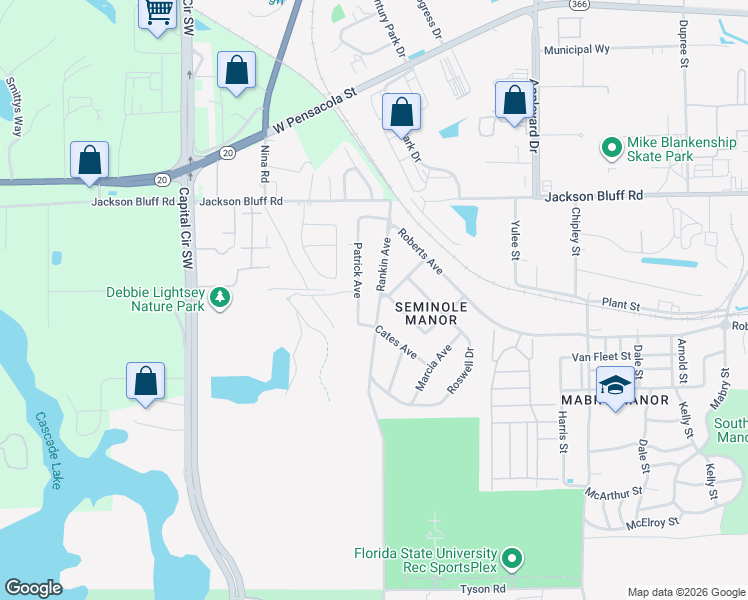 map of restaurants, bars, coffee shops, grocery stores, and more near 1554 Rankin Avenue in Tallahassee