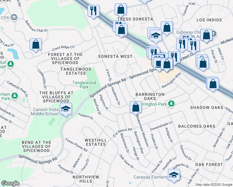 map of restaurants, bars, coffee shops, grocery stores, and more near 11517 Heathrow Drive in Austin