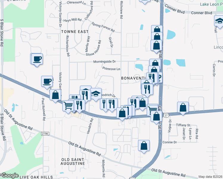 map of restaurants, bars, coffee shops, grocery stores, and more near 1228 Cross Creek Circle in Tallahassee