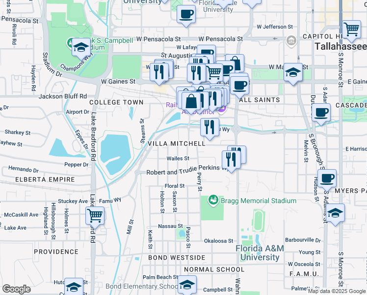 map of restaurants, bars, coffee shops, grocery stores, and more near 1304 Pinellas Street in Tallahassee