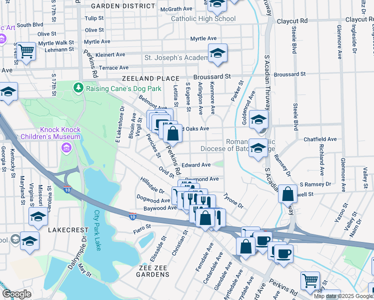 map of restaurants, bars, coffee shops, grocery stores, and more near 2637 Lydia Avenue in Baton Rouge