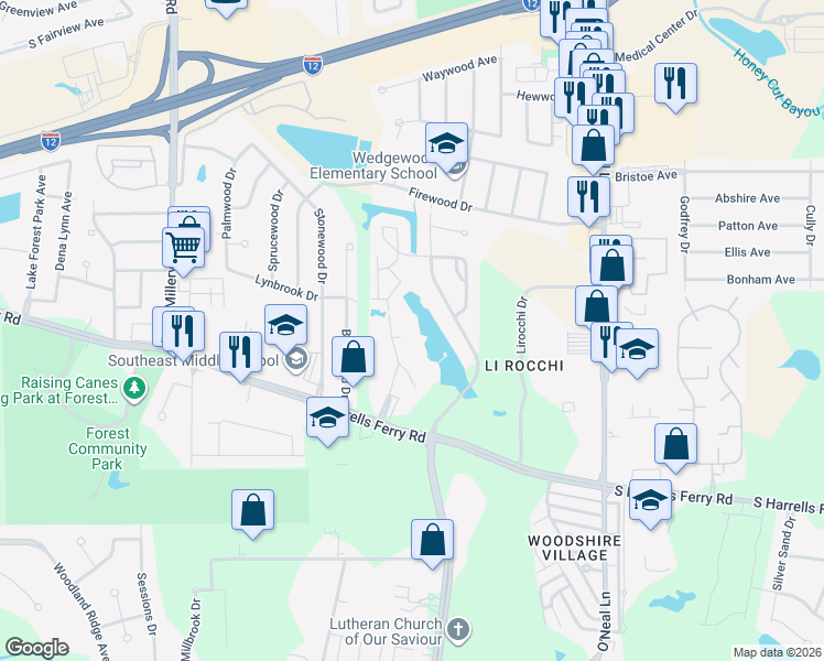 map of restaurants, bars, coffee shops, grocery stores, and more near 2329 Shadowbrook Drive in Baton Rouge