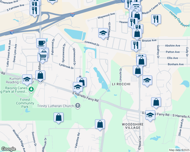 map of restaurants, bars, coffee shops, grocery stores, and more near 2319 Shadowbrook Drive in Baton Rouge