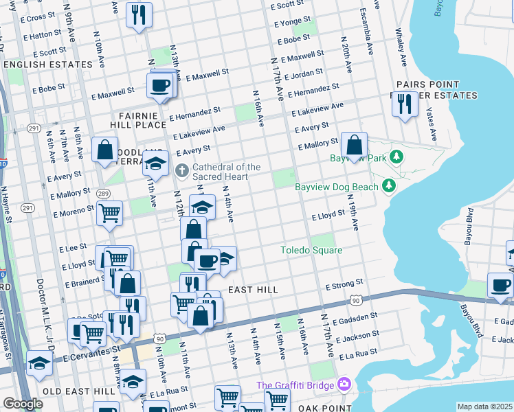 map of restaurants, bars, coffee shops, grocery stores, and more near 1500 East Lee Street in Pensacola