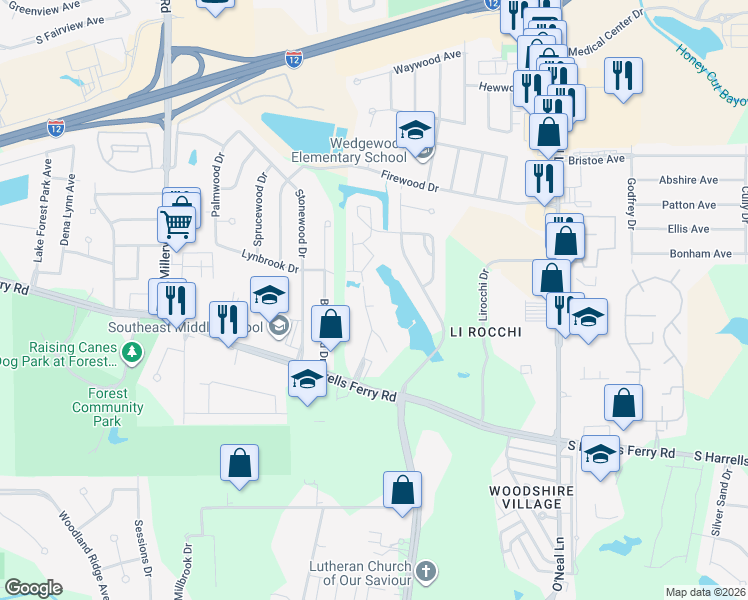 map of restaurants, bars, coffee shops, grocery stores, and more near 2329 Shadowbrook Drive in Baton Rouge