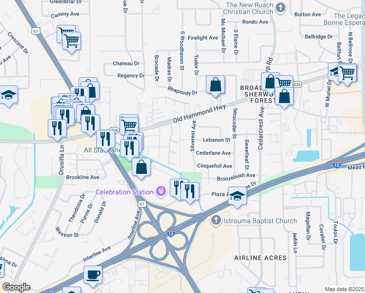map of restaurants, bars, coffee shops, grocery stores, and more near 10133 Hyde Park Court in Baton Rouge