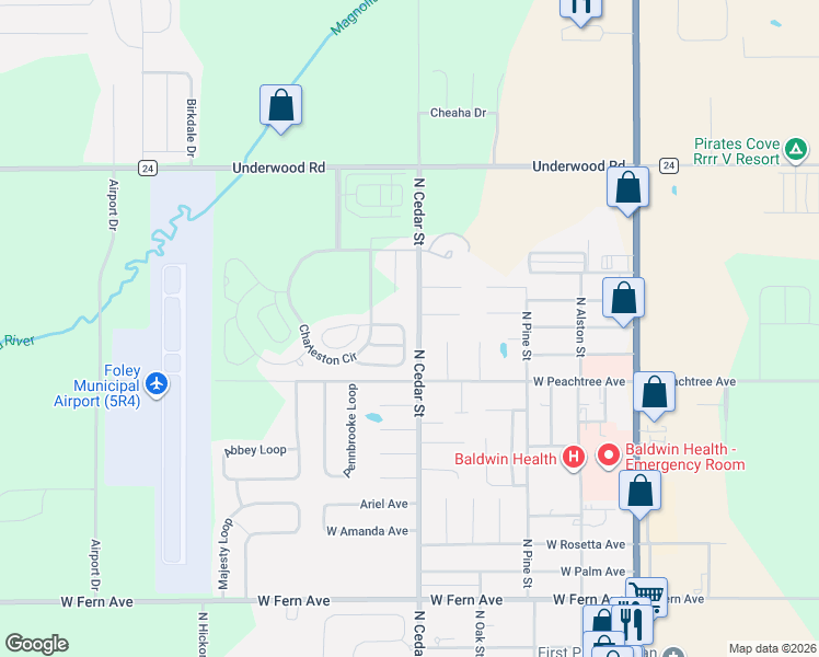 map of restaurants, bars, coffee shops, grocery stores, and more near 1820 North Cedar Street in Foley