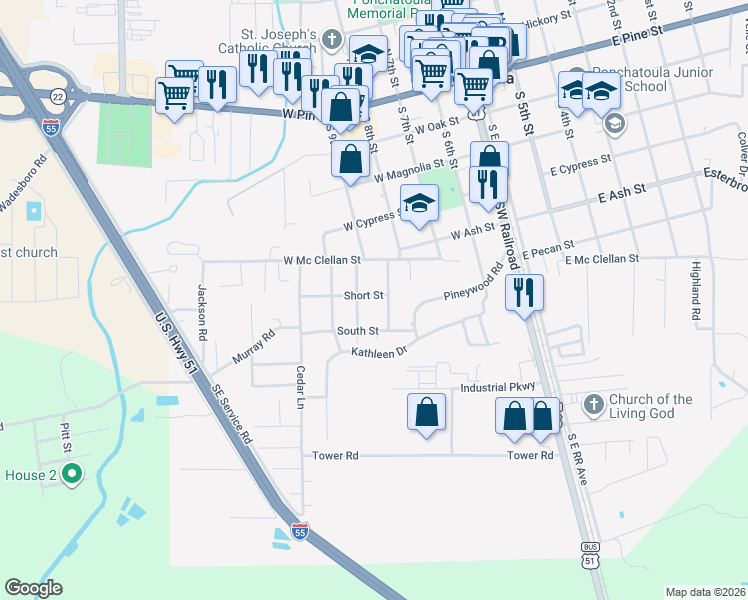 map of restaurants, bars, coffee shops, grocery stores, and more near 345 Short Street in Ponchatoula