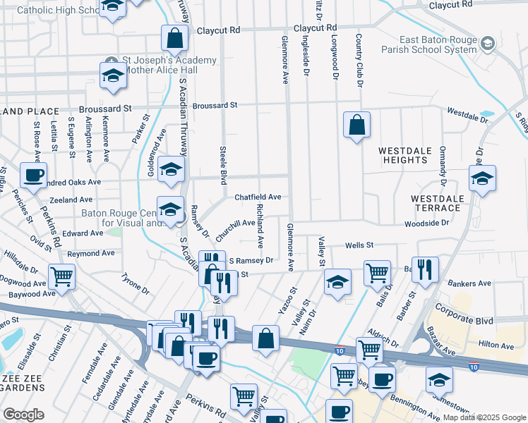 map of restaurants, bars, coffee shops, grocery stores, and more near 4051 Churchill Avenue in Baton Rouge