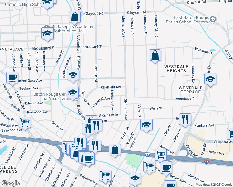 map of restaurants, bars, coffee shops, grocery stores, and more near 4051 Churchill Avenue in Baton Rouge