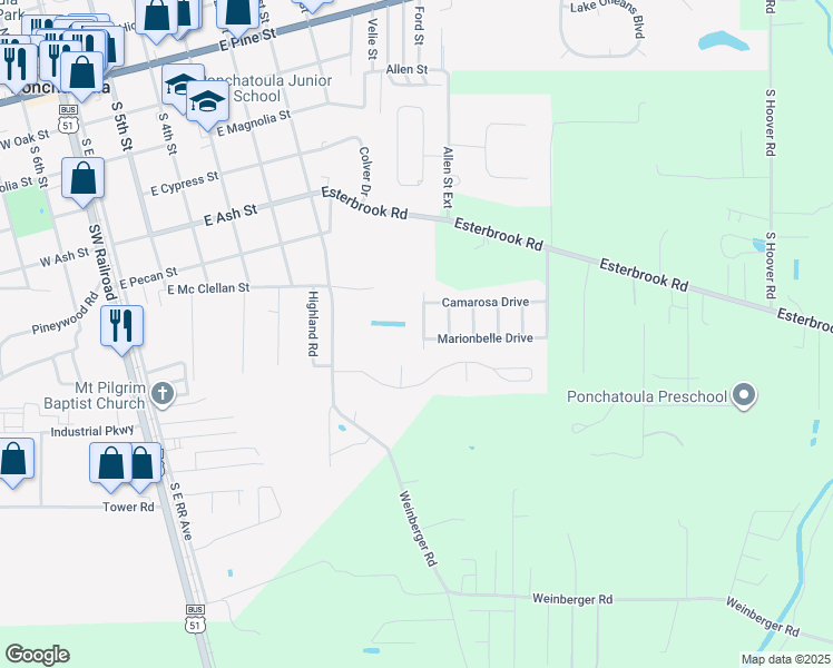 map of restaurants, bars, coffee shops, grocery stores, and more near 282 Blakemore Drive in Ponchatoula
