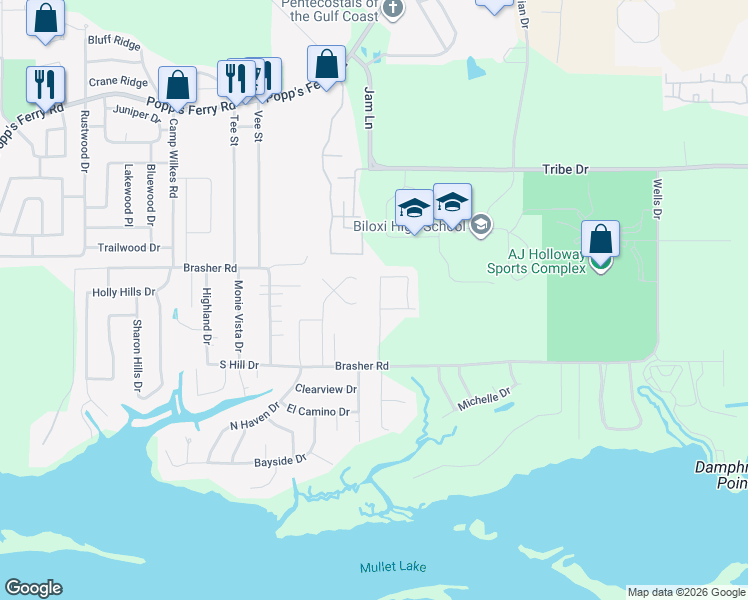 map of restaurants, bars, coffee shops, grocery stores, and more near 769 Water's View Drive in Biloxi