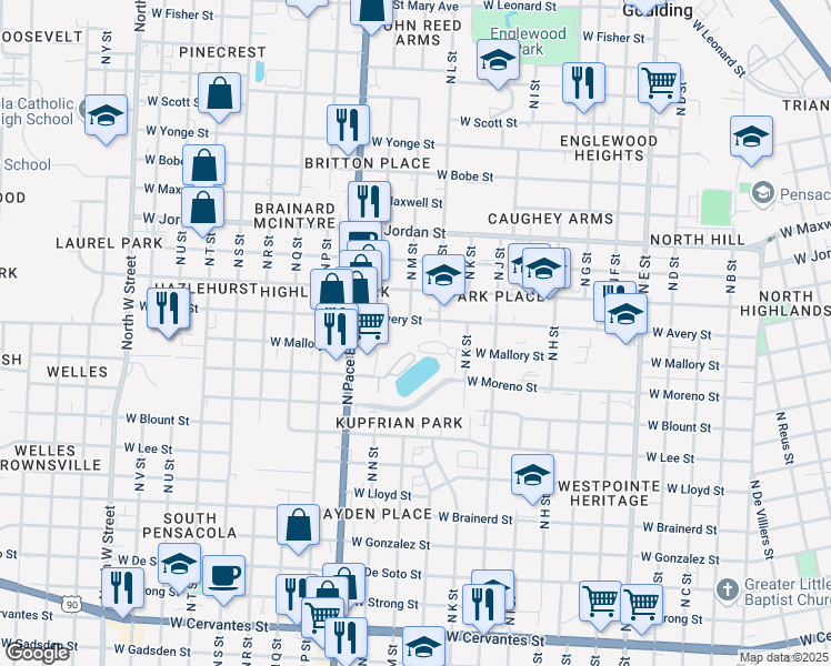 map of restaurants, bars, coffee shops, grocery stores, and more near 1600 West Avery Street in Pensacola