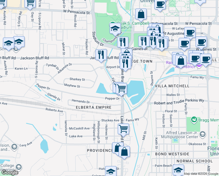map of restaurants, bars, coffee shops, grocery stores, and more near 1335 Airport Drive in Tallahassee